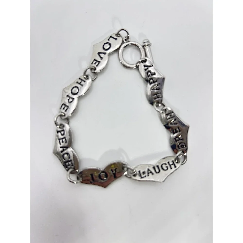 Bracelet Silver Tone Heart Charm PEACE JOY LAUGH DREAM Jewelry Lobster Clasp